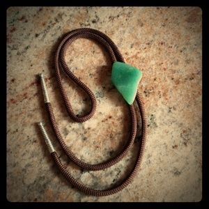 Bolo Tie with Real Stone Aqua Green with Brown Tie